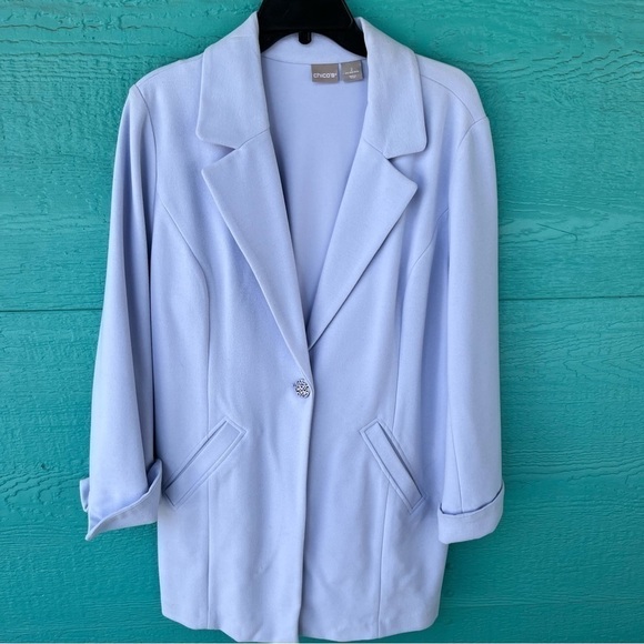 CHICO’S BABY BLUE PASTEL LONGLINE SUPER SOFT BLAZER WITH POCKETS SIZE LARGE - Picture 1 of 5